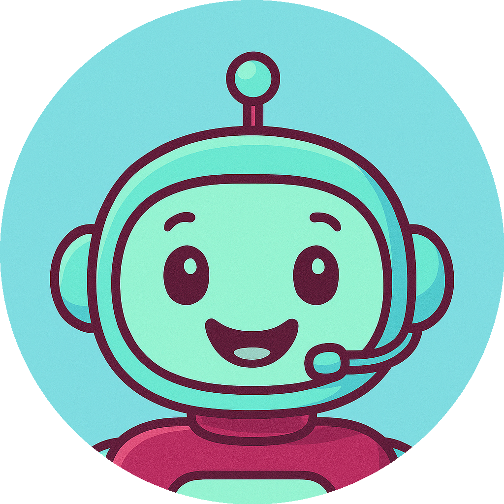 „Cartoon-Porträt eines freundlich wirkenden Chatbots mit rundem Kopf in Magenta (#9A275A), akzentuiert durch Mintgrün (#99EDCC). Der Hintergrund ist hellblau (#9AC4F8). Der Kopf ist in einem runden Bildausschnitt zentriert und nimmt etwa zwei Drittel der Bildfläche ein.“