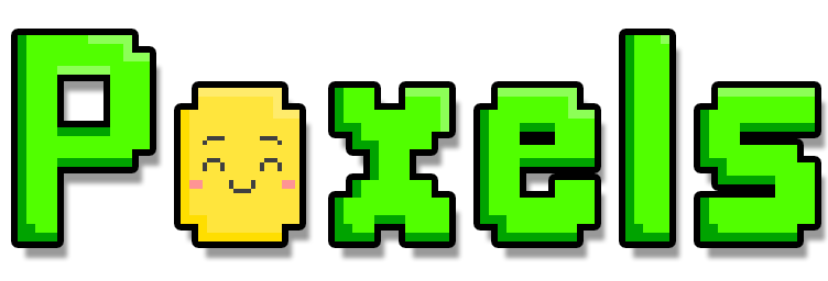 Das Logo von Poxels, es zeigt den Namen der App in einem grünen Pixel-Schriftzug. Das "o" ist ein lächelndes Gesicht in gelber Farbe.
